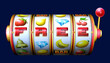 Fruit themed symbols on a slot machine reel with FREE word written on it. 3D rendered illustration isolated on dark background