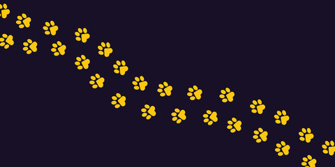 Paws of a cat, dog, puppy in yellow color on a dark purple background in a flat design. Diagonal animal footprints for veterinary clinic websites, postcards, posts about cute pets. 