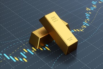 Gold bar resting on a stocks and shares graph representing investment, 3d rendering.