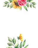 Fototapeta Tulipany - Watercolor frame with green leaves, roses and yellow sunflowers on a white background with space for text. For the design of postcards, posters, greetings.