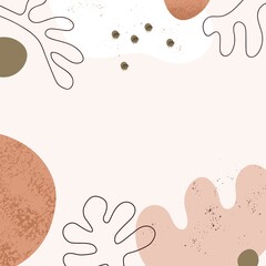 Fototapete - Modern background design with frame from abstract geometric shapes, elements and leaf. Square card template with trendy creative pattern, organic forms, lines, brush blobs. Flat vector illustration