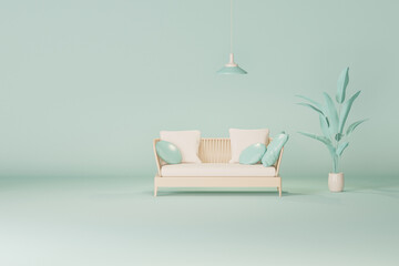 Wall Mural - Creative composition. Interior of the room in pastel blue color with furnitures and room accessories. Light background with copy space. 3D render for web page, presentation, studio. Healthy lifestyle