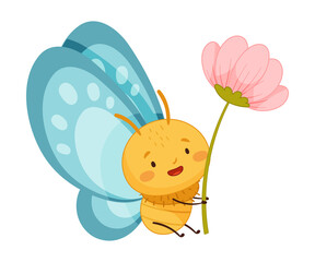 Canvas Print - Adorable baby butterfly with blue wings holding pink flower cartoon vector illustration