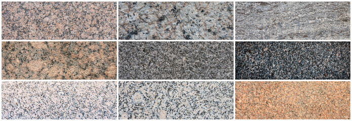 Wall Mural - Granite texture set. Collection of panoramic stone backgrounds. Beautiful natural granite with a grainy pattern. Wide panoramas with flat solid rough surface of rock.