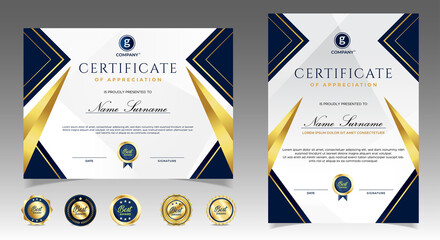 Wall Mural - certificate of appreciation template, gold and blue color. clean modern certificate with gold badge.