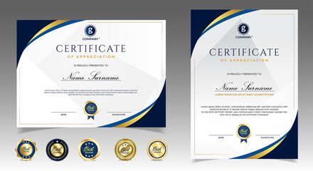 Wall Mural - certificate of appreciation template, gold and blue color. clean modern certificate with gold badge.