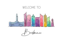 One Single Line Drawing Brisbane City Skyline, Australia. Historical Town Landscape. Best Holiday Destination Home Wall Decor Poster Print Art. Trendy Continuous Line Draw Design Vector Illustration