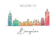 Single Continuous Line Drawing Bangalore City Skyline, India. Famous City Scraper And Landscape Home Decor Wall Art Poster Print. World Travel Concept. Modern One Line Draw Design Vector Illustration