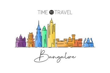 Wall Mural - One single line drawing of Bangalore city skyline, India. Historical town landscape in world. Best holiday destination. Editable stroke trendy continuous line draw design vector graphic illustration