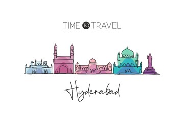 Wall Mural - One single line drawingHyderabad city skyline, India. Historical town landscape in the world. Best holiday destination. Editable stroke trendy continuous line draw design graphic vector illustration