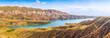 A picturesque reservoir with blue water in an arid area. The concept of recreation on the Azat River in Armenia and land reclamation