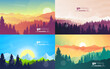 Vector landscape set, sunrise scene in nature with mountains and forest, silhouettes of trees. Hiking tourism. Adventure. Minimalist graphic flyer. Polygonal flat design for coupon, voucher, gift card