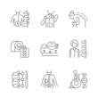 © bsd studio - Scoliosis causes linear icons set. Spine disease. Spinal column surgical operation. Vertebral medicine. Customizable thin line contour symbols. Isolated vector outline illustrations. Editable stroke