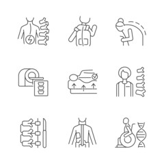 Wall Mural - Scoliosis causes linear icons set. Spine disease. Spinal column surgical operation. Vertebral medicine. Customizable thin line contour symbols. Isolated vector outline illustrations. Editable stroke