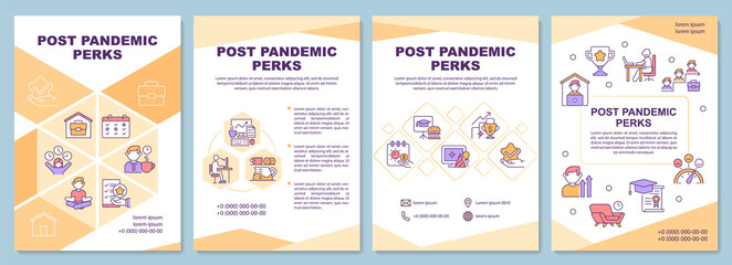 Post pandemic perks brochure template. Employees benefits. Flyer, booklet, leaflet print, cover design with linear icons. Vector layouts for presentation, annual reports, advertisement pages