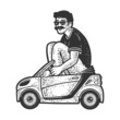 Adult man in small toy car sketch raster