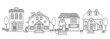 Street of small town. Four cottages Lineart concept vector illustration