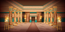 Ancient Egypt Temple Interior Background, Vector Pharaoh Pyramid Tomb Interior, Old Stone Column. History Civilization Palace Room, God Silhouette, Fire Plate, Wall Painting. Egypt Temple Monument