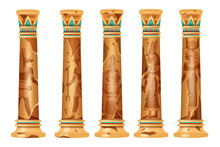 Ancient Egypt Column Set, Vector Old Stone Pillar Collection, Antique Temple Object, God Silhouette. Cracked Vintage Pedestal, Decorative Broken Ornate Egyptian Exterior. Ancient Column Anubis Outline