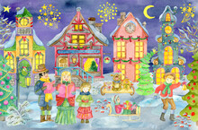Greeting Card With Christmas Carolers And Playing Children In Sledges, With Beautiful Vintage Houses At Night.
