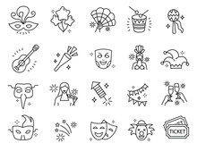 Carnival And Masquerade Line Art Design Elements. Holiday And Celebration Linear Icons Set. Vector Illustration