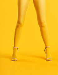 Wall Mural - Long slim legs of young woman in yellow tights and stylish high heels shoes on yellow background