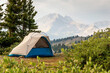 Tent against the background of forest and mountains.