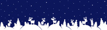 Long Horizontal Banner With Christmas Tree And Reindeers. Vector Winter Template For Laser Cut.