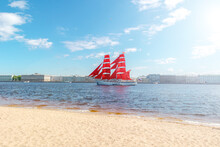 Brig With Scarlet Sails In The Water Area Of The Neva. Saint Petersburg, Russia - June 2, 2021.