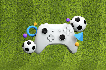 Wall Mural - Soccer gaming background. Video game controller with a traditional football ball and grass pitch. 3D Rendering