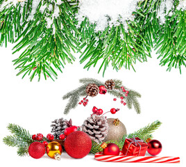 Wall Mural - Christmas background with fir branches and  decorations   isolated on white background. Festive composition