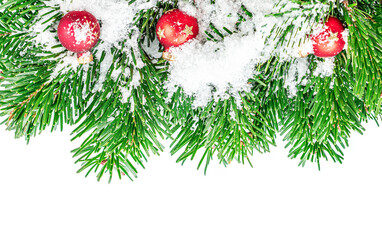Wall Mural - christmas fir tree with decoration isolated on white background. christmas border. copy space.
