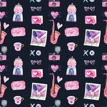 Valentine's Day Music Cinema Seamless Pattern. Love Day Romantic Graphics. Watercolor Doodle Pink Pastel Graphics. Speech Bubble, Cinema Ticket, Vintage Style Illustrations
