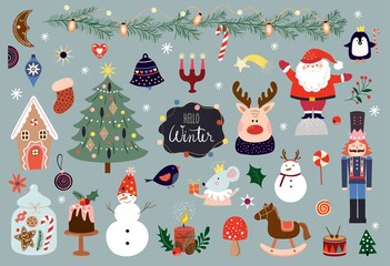 christmas elements collection, different funny characters, winter design