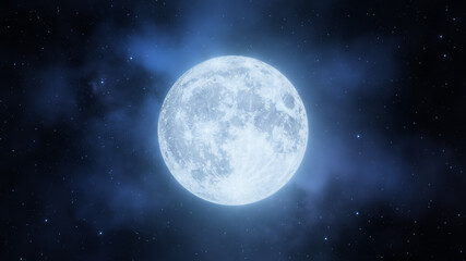 Wall Mural - representation of the full moon on a background of nebulae and stars. digital illustration. 3d rende