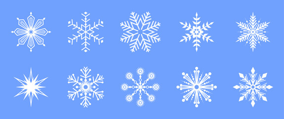 Set of white vector snowflake icons on a blue background. Winter decorative elements