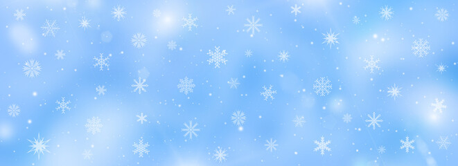 Canvas Print - Soft blue winter background with snowflakes and falling snow. Christmas and New Year banner