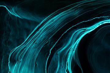Wall Mural - Abstract blue green network internet technology presentation background. Neon color on black, acrylic paints in water wallpaper