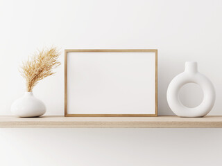 Poster - Horizontal frame mockup in warm neutral minimalist interior with dried pampas grass and trendy vase standing on wooden beige brown shelf on empty white wall  background. Illustration, 3d rendering