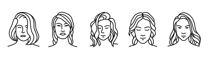 Wall Mural - editable stroke line collection of various girl head in a black monoline style. simple logo element ideas for skincare, makeup, beauty studio, etc.