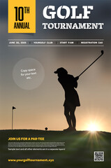 Wall Mural - Golf tournament poster template with player batting ball at sunset
