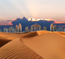 Wall Mural - Sandy desert and silhouette of city on horizon at sunset