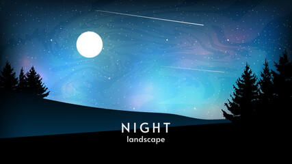 Background nature landscape in the countryside. Night scenery with full moon and stars in dark blue sky with mountains and forest. Vector illustration flat style. 