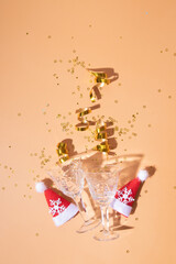 Wall Mural - festive new year christmas flat lay with hard shadows and shiny decor with copy space