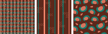 Set Of Vector Seamless Pattern With Stripes, Polka Dots, Checkered, Square, Lines In Terra Cotta Orange, Emerald Green Color On Dark Brown Background. Trendy Color Geometry. Earth Palette. Cute Print.