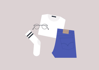 A set of classic casual clothes, blue jeans, a white t-shirt, striped socks and a simple metal frame