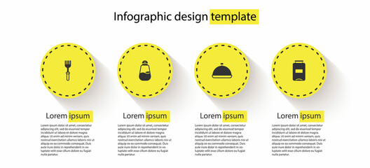 Sticker - Set Fork, Salt, Covered with tray of food and Jam jar. Business infographic template. Vector