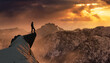 © edb3_16 - Extreme adventure composite. Man on top of a Rocky Mountain Cliff. Dramatic Sunset. 3d Rendering Peak. Aerial Background Image from British Columbia, Canada.