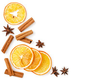 Dried Orange, Cinnamon And Star Anise On A White Background, Top View. Christmas Background