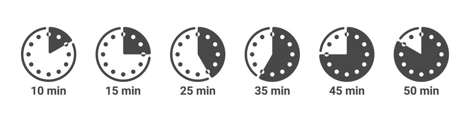 Icons for cooking time. Stopwatch icons. Icons of Time in minutes. Vector illustration